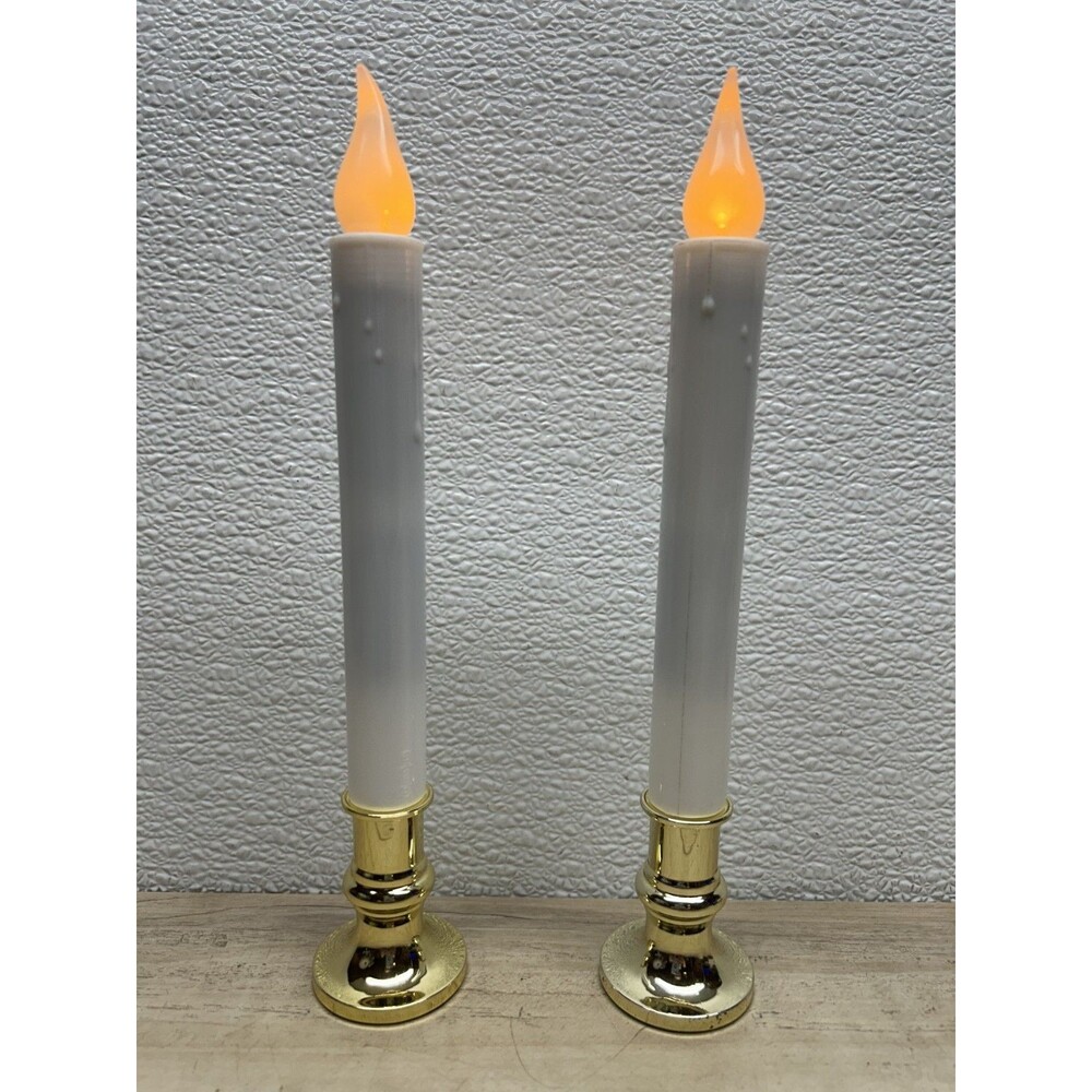 Furora Lighting Flameless White LED Taper Candles With Golden Holders Set Of 2
